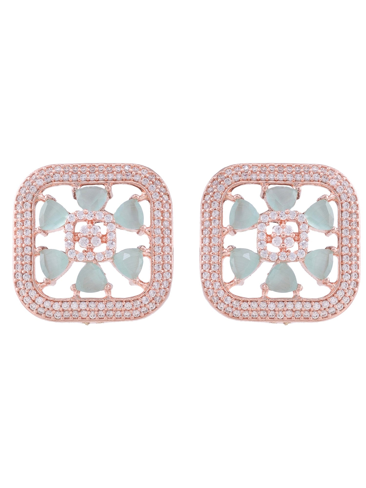 Sqaure Sleek Turquoise studs light blue AD studded rose gold plated small earrings